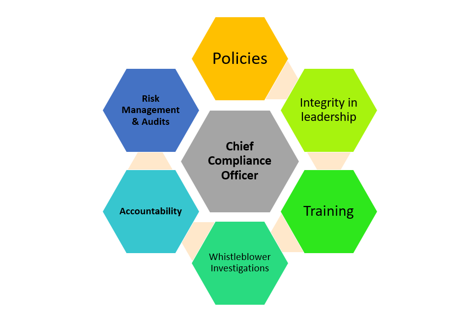 image of the 7 elements of a compliance program shown in hexagon: policies, integrity in leadership, training, whistleblower investigations, accountability, risk management & audits.  Chief Compliance Office block in center.