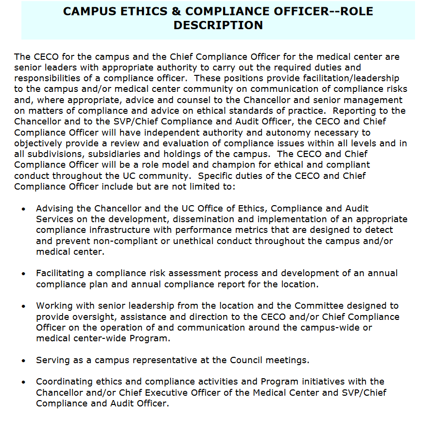 Excerpt from UC Ethics and Compliance Program Plan listing CECO duties full plan available as pdf at https://regents.universityofcalifornia.edu/regmeet/mar17/c1attach.pdf 