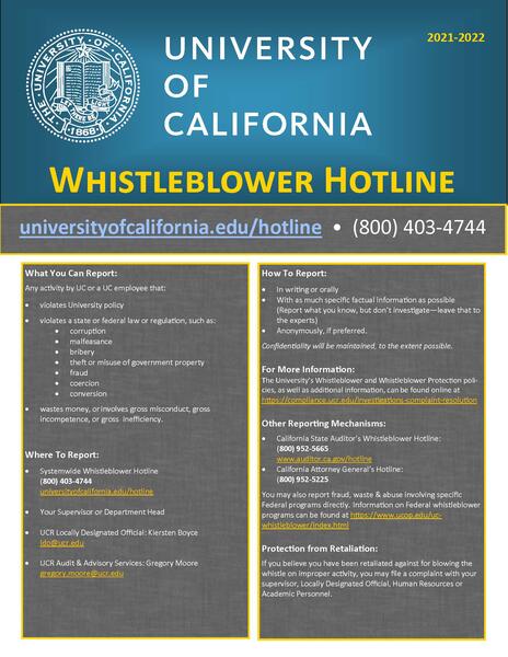 UCR Whistleblower Poster that provides information on what you can report, where to report, and how to report.